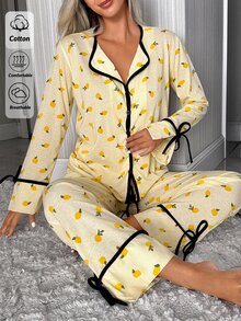 SHEIN Women Yellow Lemon Print Long Sleeve Pajama Set With Contrast Trim, Button Front Top And Straight Leg Pants, Casual Sleepwear Pajama Set - Yellow - View 6