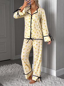 SHEIN Women Yellow Lemon Print Long Sleeve Pajama Set With Contrast Trim, Button Front Top And Straight Leg Pants, Casual Sleepwear Pajama Set - Yellow - View 4