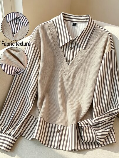 GlowEve CURVE Women's Plus Size Striped Woven Textured Casual Loose Comfortable Fashionable Versatile Elegant Sophisticated Office Wear Khaki Brown 2 In 1 Blouse Shirt, Autumn/Winter