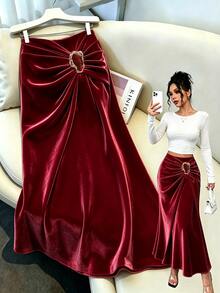SHEIN New Knitted Velvet Ribbon Design Metal Buckle Elegant Daily Women's Skirt - Burgundy - View 1