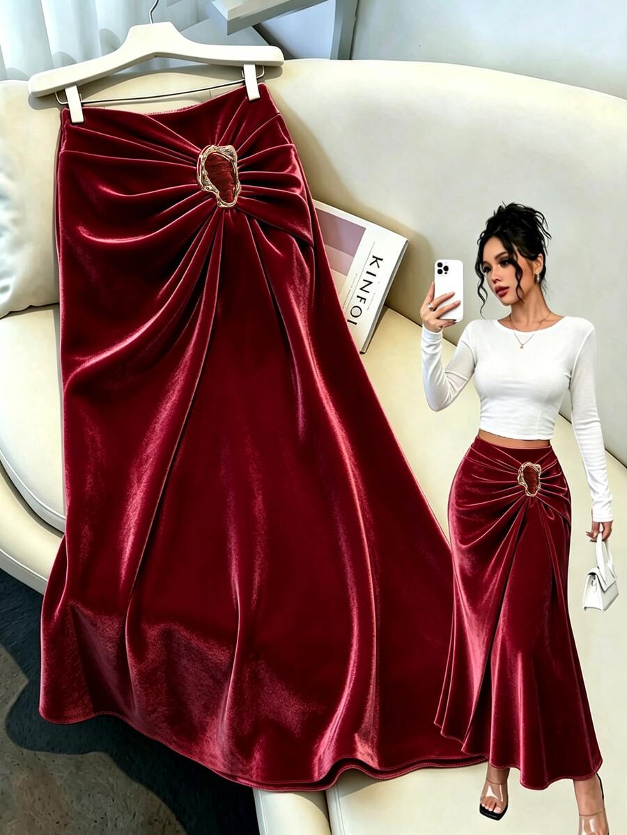 SHEIN New Knitted Velvet Ribbon Design Metal Buckle Elegant Daily Women's Skirt - Burgundy - View 1