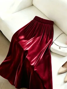 SHEIN New Knitted Velvet Ribbon Design Metal Buckle Elegant Daily Women's Skirt - Burgundy - View 2