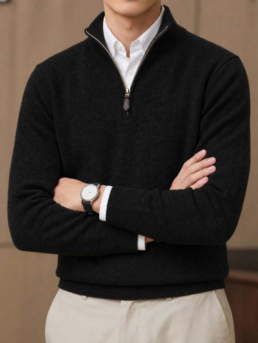 Manfinity Homme 男士純色休閒百搭日常穿著長袖針織衫 辦公正式黑色秋季 - 黑色 - 查看 1