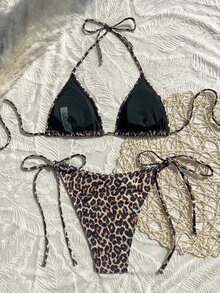 SHEIN Swim 2026 Spring/Summer Women's Spaghetti Strap Halter Leopard Print Random Pattern Sexy Vacation Side Tie Thong Bikini 2 Pieces Swimwear - Multicolor - View 2
