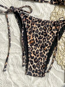 SHEIN Swim 2026 Spring/Summer Women's Spaghetti Strap Halter Leopard Print Random Pattern Sexy Vacation Side Tie Thong Bikini 2 Pieces Swimwear - Multicolor - View 6