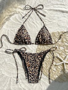 SHEIN Swim 2026 Spring/Summer Women's Spaghetti Strap Halter Leopard Print Random Pattern Sexy Vacation Side Tie Thong Bikini 2 Pieces Swimwear - Multicolor - View 3