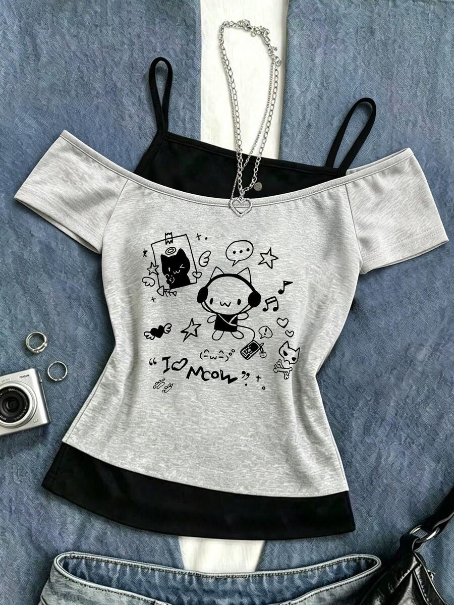 Teen Girls Cartoon Doodle Print One Shoulder Short Sleeve T-Shirt, Grey Black 2 In 1 Casual Outfit - Multicolor - View 1