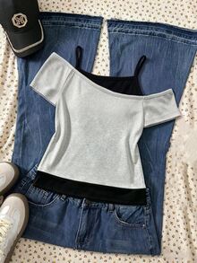 Teen Girls Cartoon Doodle Print One Shoulder Short Sleeve T-Shirt, Grey Black 2 In 1 Casual Outfit - Multicolor - View 2