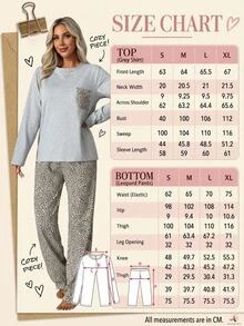 SHEIN Gray Round Neck Long Sleeve Leopard Pocket Top & Leopard Print Pants Pajama Set - Multicolor - View 6