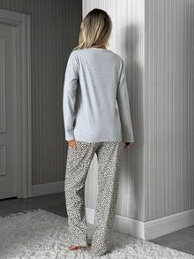 SHEIN Gray Round Neck Long Sleeve Leopard Pocket Top & Leopard Print Pants Pajama Set - Multicolor - View 3