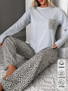 SHEIN Gray Round Neck Long Sleeve Leopard Pocket Top & Leopard Print Pants Pajama Set - Multicolor - View 8