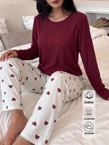 SHEIN Solid Burgundy Long Sleeve Top & Heart Print Pants Pajama Set For Women - Burgundy - View 2