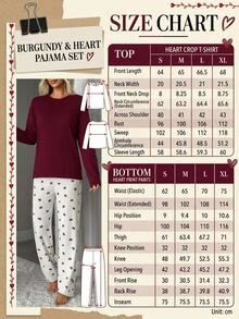 SHEIN Solid Burgundy Long Sleeve Top & Heart Print Pants Pajama Set For Women - Burgundy - View 5