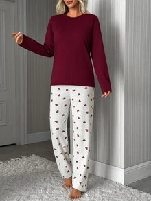 SHEIN Solid Burgundy Long Sleeve Top & Heart Print Pants Pajama Set For Women - Burgundy - View 4