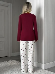 SHEIN Solid Burgundy Long Sleeve Top & Heart Print Pants Pajama Set For Women - Burgundy - View 3