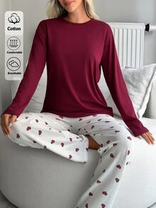 SHEIN Solid Burgundy Long Sleeve Top & Heart Print Pants Pajama Set For Women - Burgundy - View 7