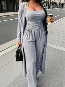 Easura Women's Plus Size Pure Desire Spaghetti Strap Cami Jumpsuit Long Cardigan 2 Pieces Set, Elastic Slim Fit Lazy Casual Loungewear Fall - Grey - View 5