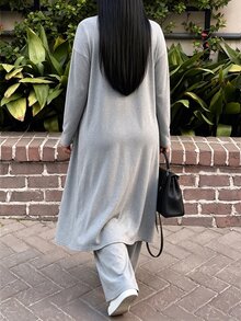 Easura Women's Plus Size Pure Desire Spaghetti Strap Cami Jumpsuit Long Cardigan 2 Pieces Set, Elastic Slim Fit Lazy Casual Loungewear Fall - Grey - View 2