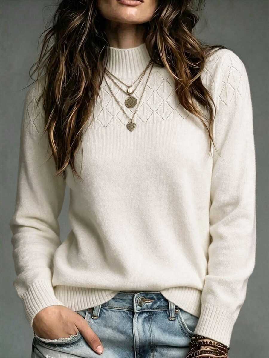 SHEIN 女款休閒藍色高領長袖針織衫,秋冬款 - 白色 - 查看 1