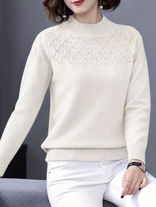 SHEIN 女款休閒藍色高領長袖針織衫，秋冬款 - 白色 - 查看 5