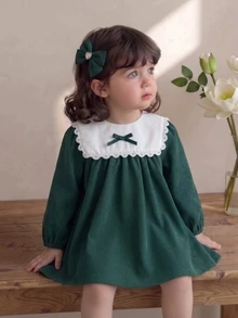 Souflis Souflis 1件幼童女童燈芯絨洋裝 優雅深綠色蝴蝶結蕾絲飾邊荷葉邊長袖圓領加厚派對秋季假期優雅時尚款 - 墨綠色 - 查看 3