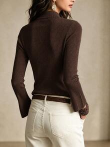 SHEIN 女款純色休閒百搭日常穿著長袖針織衫 - 咖啡棕 - 查看 2
