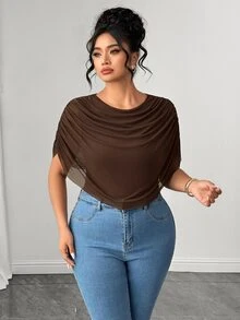 Elenzga تي شيرت نسائي مقاس كبير بلون موحد مع طيات وياقة شال أنيق وكاجوال مناسب للاستخدام اليومي والحفلات والخروج والمناسبات الرسمية والتنقل والغداء والزفاف كضيف صيفي بني - بني - مشاهدة 7