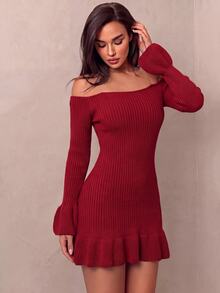 Glamine Vestido de punto ajustado con volantes de unicolor, adecuado para uso diario, salir, noche de citas, rojo borgoña, otoño, sexy - Burdeos - Ver 1