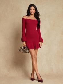 Glamine Vestido de punto ajustado con volantes de unicolor, adecuado para uso diario, salir, noche de citas, rojo borgoña, otoño, sexy - Burdeos - Ver 7