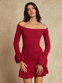 Glamine Vestido de punto ajustado con volantes de unicolor, adecuado para uso diario, salir, noche de citas, rojo borgoña, otoño, sexy - Burdeos - Ver 3