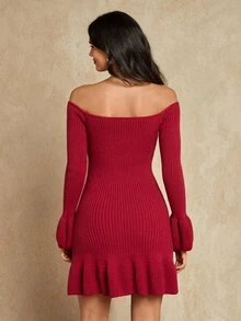 Glamine Vestido de punto ajustado con volantes de unicolor, adecuado para uso diario, salir, noche de citas, rojo borgoña, otoño, sexy - Burdeos - Ver 2