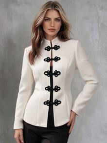 SHEIN Women's New Chinese Style Frog Button Stand Collar Waist-Cinching Slimming Long Sleeve Jacket, Elegant Commute - Apricot - View 5