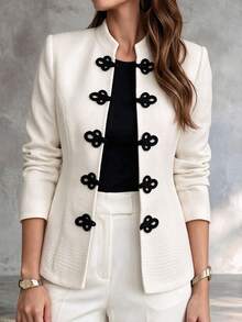 SHEIN Women's New Chinese Style Frog Button Stand Collar Waist-Cinching Slimming Long Sleeve Jacket, Elegant Commute - Apricot - View 6
