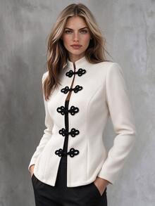 SHEIN Women's New Chinese Style Frog Button Stand Collar Waist-Cinching Slimming Long Sleeve Jacket, Elegant Commute - Apricot - View 3