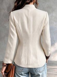 SHEIN Women's New Chinese Style Frog Button Stand Collar Waist-Cinching Slimming Long Sleeve Jacket, Elegant Commute - Apricot - View 2