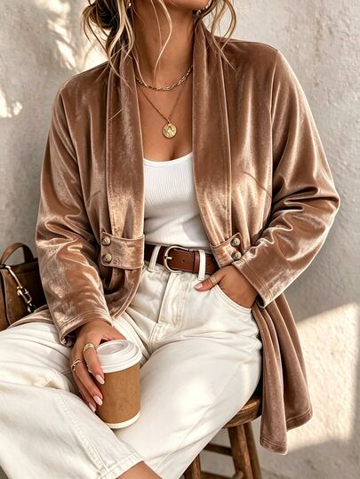 Weeklong Plus Size Women's Autumn/Winter Khaki Gold Velvet Long Cardigan, Shawl Collar Double Button Tie Loose Long Sleeve Jacket, Elegant Commuter Style, Suitable For Daily Outings, Store Visits, Casual Layering