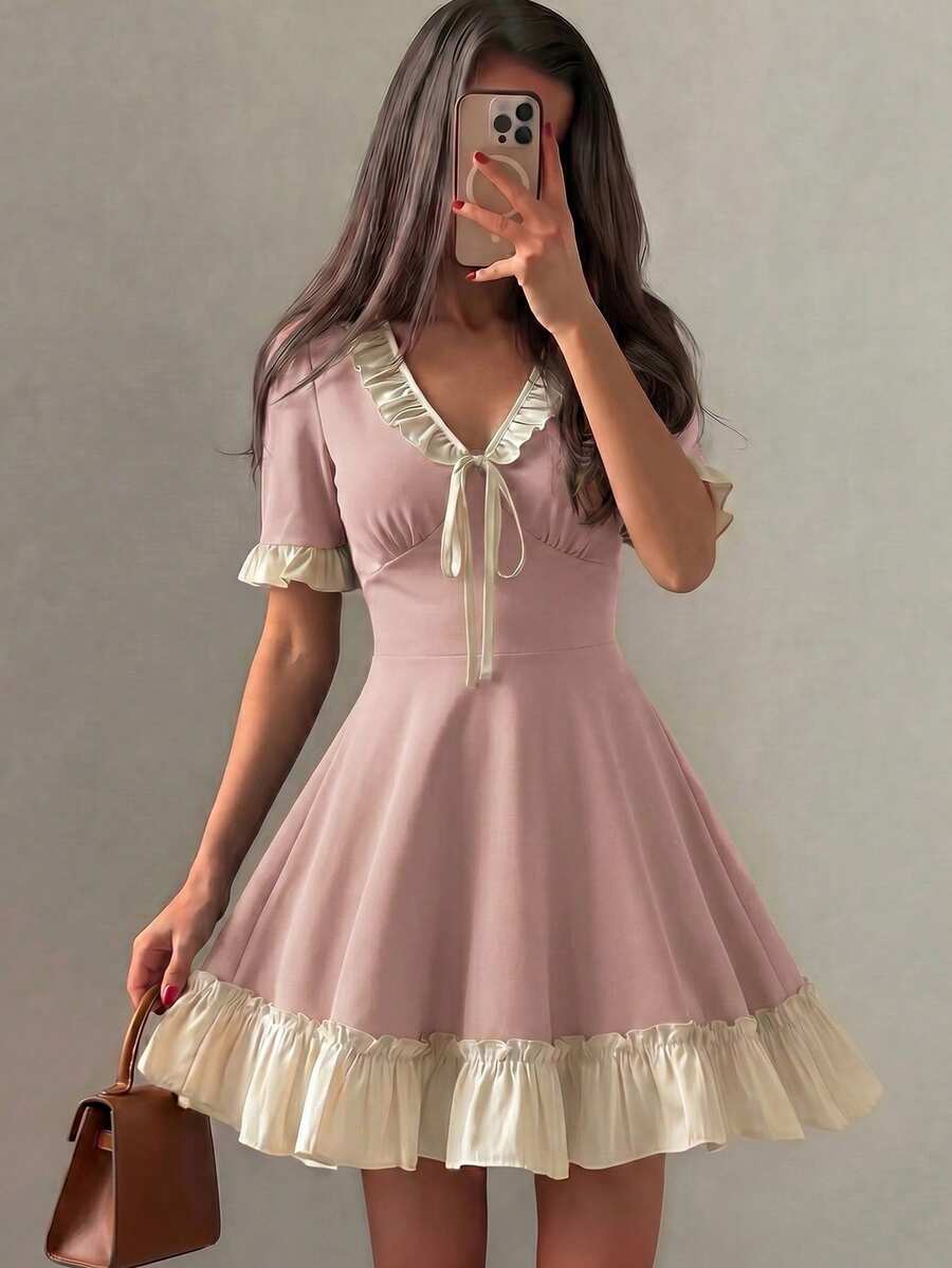 Modelyn 女款春夏針織灰粉色短袖混紡織物荷葉邊收腰A字裙 優雅可愛浪漫風 茶會約會晚宴洋裝 - 藕粉色 - 查看 1