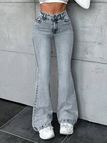 EURMUSE 100%Cotton Women's Slant Pocket Casual Flared Jeans - Blue - View 1