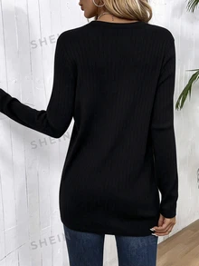 EMERY ROSE Women's Casual Solid Color Front Button Cardigan For Spring And Autumn Fall Winter Cloth For Women - Black - View 2