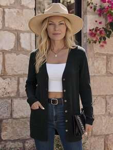 EMERY ROSE Women's Casual Solid Color Front Button Cardigan For Spring And Autumn Fall Winter Cloth For Women - Black - View 1
