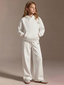 SHEIN 少女米白色運動衫兩件套，長袖毛領連帽外套與長褲，80年代秋季穿搭，適用萬聖節、聖誕節、學校及校外場合 - 白色 - 查看 4