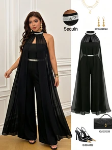 Femmeverse Damen Große Größen Plissee Neckholder Pailletten Patchwork Chiffon Flügelärmel A-Linie Weites Bein Jumpsuit - Schwarz - Übersicht 1