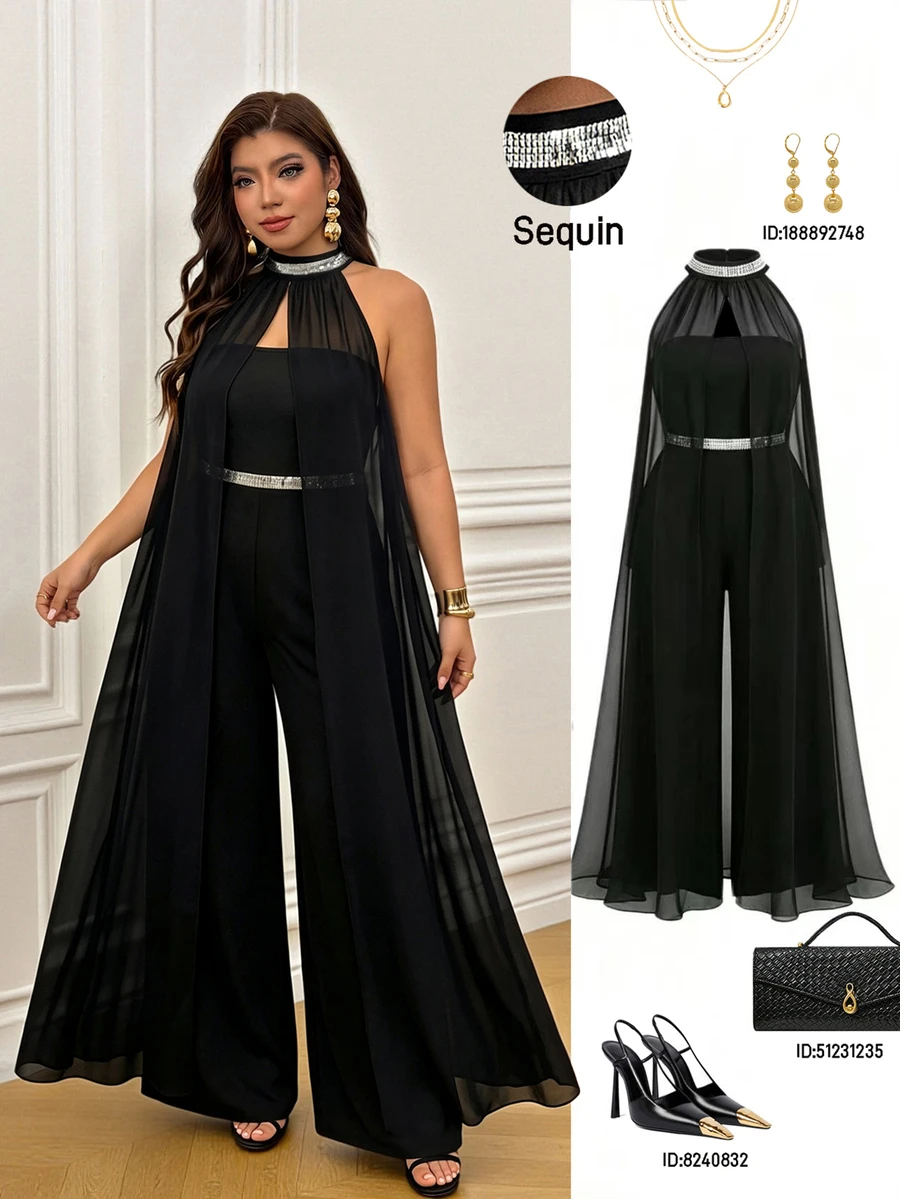 Femmeverse Damen Große Größen Plissee Neckholder Pailletten Patchwork Chiffon Flügelärmel A-Linie Weites Bein Jumpsuit - Schwarz - Übersicht 1