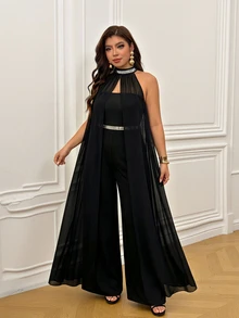Femmeverse Damen Große Größen Plissee Neckholder Pailletten Patchwork Chiffon Flügelärmel A-Linie Weites Bein Jumpsuit - Schwarz - Übersicht 8