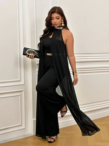 Femmeverse Damen Große Größen Plissee Neckholder Pailletten Patchwork Chiffon Flügelärmel A-Linie Weites Bein Jumpsuit - Schwarz - Übersicht 4