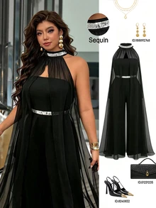 Femmeverse Damen Große Größen Plissee Neckholder Pailletten Patchwork Chiffon Flügelärmel A-Linie Weites Bein Jumpsuit - Schwarz - Übersicht 6
