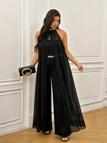 Femmeverse Damen Große Größen Plissee Neckholder Pailletten Patchwork Chiffon Flügelärmel A-Linie Weites Bein Jumpsuit - Schwarz - Übersicht 5