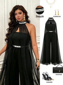 Femmeverse Damen Große Größen Plissee Neckholder Pailletten Patchwork Chiffon Flügelärmel A-Linie Weites Bein Jumpsuit - Schwarz - Übersicht 3