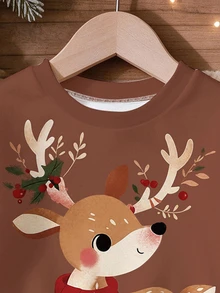 Baby Girls 2 Pcs Christmas Reindeer & Gingerbread Print Crew Neck Sweatshirt & Pants Set, Lace Trim, Christmas Outfit - Multicolor - View 5