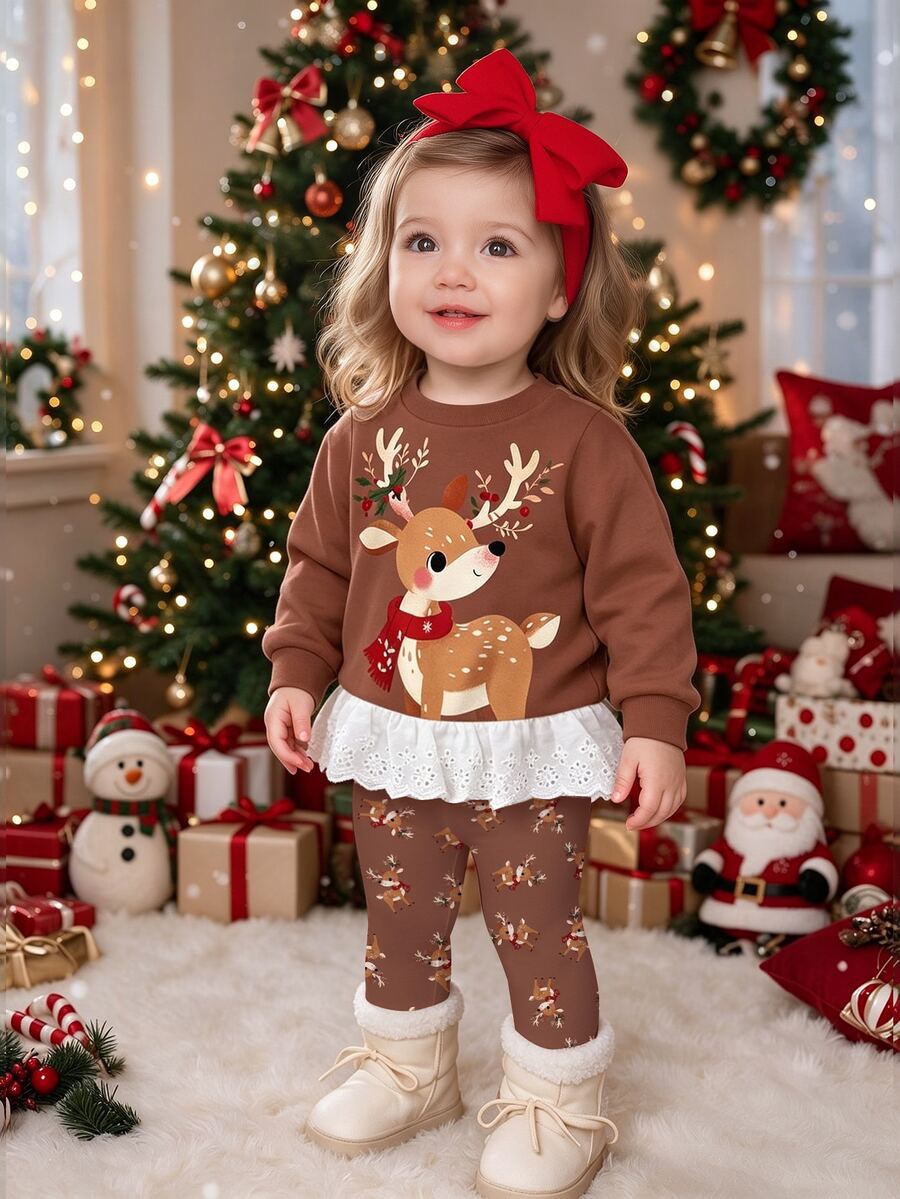 Baby Girls 2 Pcs Christmas Reindeer & Gingerbread Print Crew Neck Sweatshirt & Pants Set, Lace Trim, Christmas Outfit - Multicolor - View 1